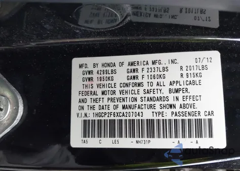 2012 Honda Accord 2.4 Se from USA, damaged, VIN 1HGCP2F6XCA207043